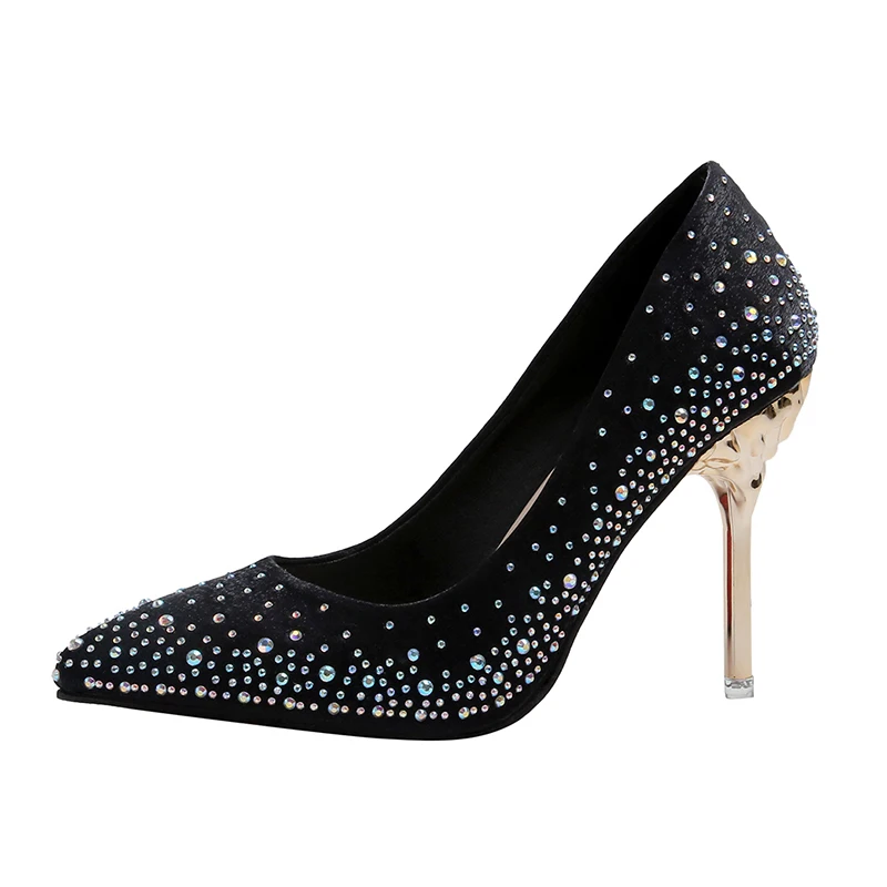 С украшением в виде кристаллов высокая обувь на каблуке женские туфли лодочки