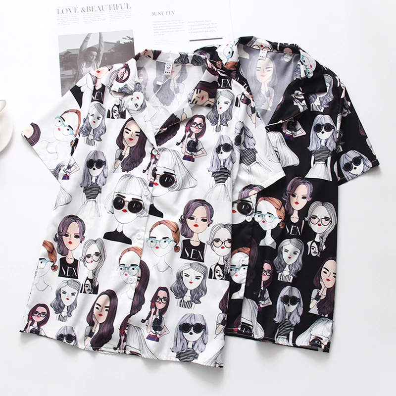 

2021 New fashion Women Button Down Shirts, Stylish Cartoon Print Short Sleeve Loose Fit Lapel Tops