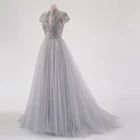 Платье ТРАПЕЦИЕВИДНОЕ Тюлевое, длинное прозрачное платье серого цвета, элегантное женское платье для выпускного вечера, на пуговицах, свадебное платье