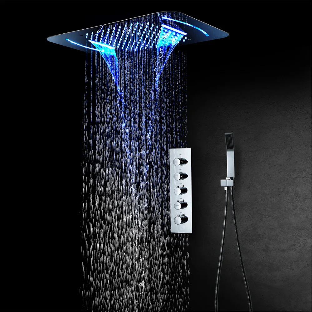 

Bathroom Shower Set Chrome LED Thermostatic Rainfall Shower Faucet Wall Mounted Ceiling Shower Mixer Color Change Shower Head