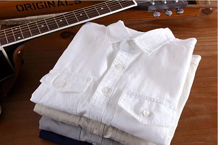 Helisopus Cotton Linen Shirts Mens Long Sleeve Casual White Shirt with Pocket Male Classic Hemp Shirts image 5