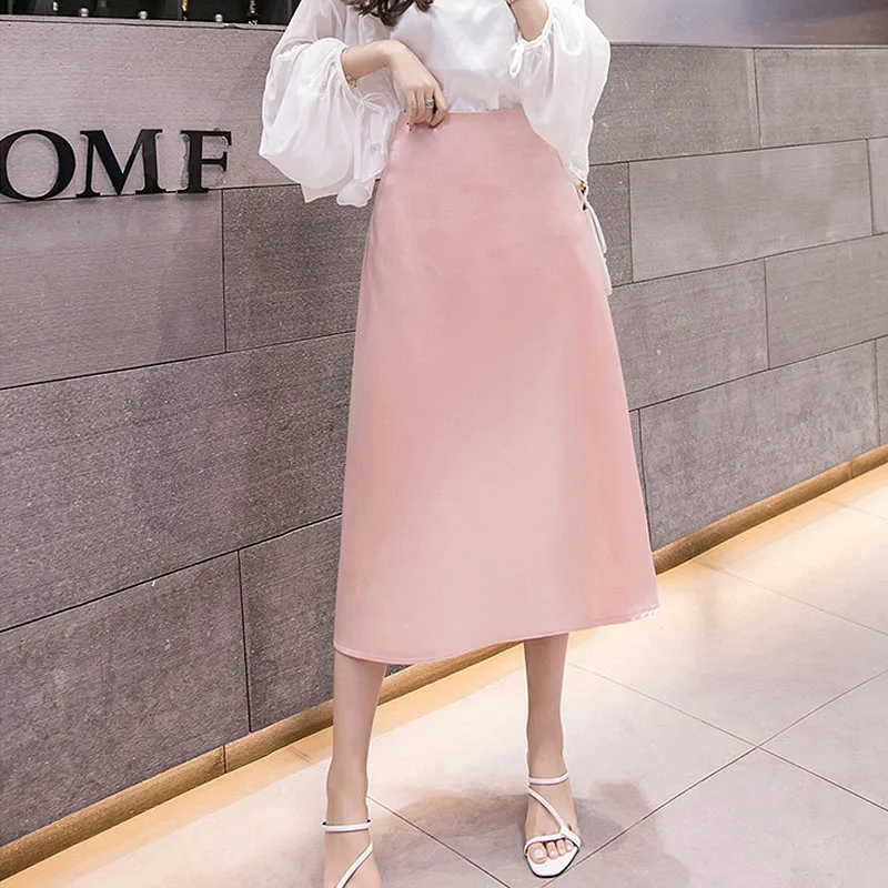 pink Корейские летние женские длинные юбки с высокой талией атласная юбка женская уличная одежда большого размера миди трапециевидная юбка jupe femme - Цвет: pink