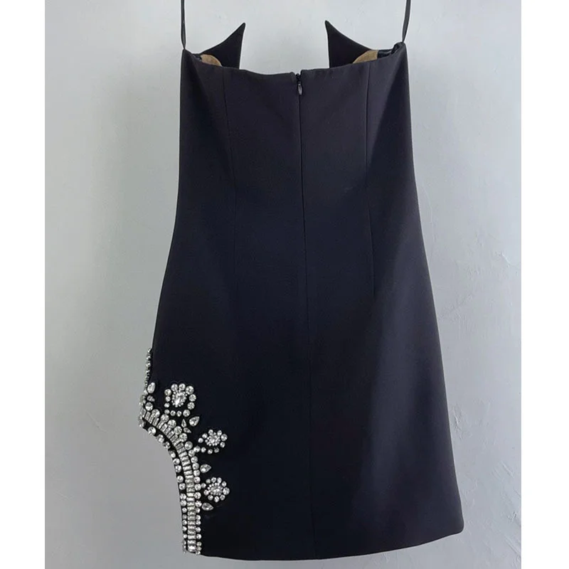 

Women Sexy Off Shoulder Dress Black Spaghetti Strap Backless Dresses Mesh And Diamond Short Party Dress For Women