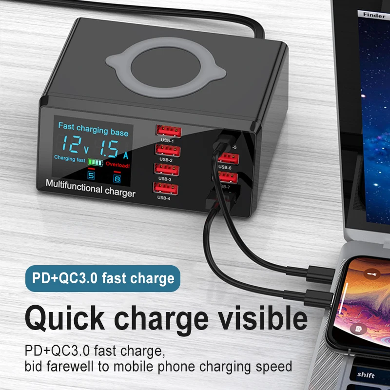 

100W Quick Charge Multi USB Fast Charger For IPhone 11 Pro Max XS XR 8 Port Usb LCD 3.0 PD Charger For Samsung S10 Xiaomi