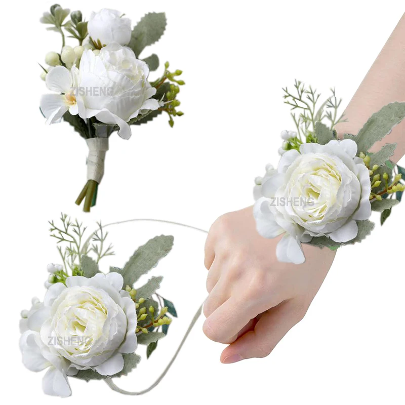 

Wedding Floral Ivory White Rose Wrist Corsage Bride Hand Flowers And Men Groom Boutonniere Set For Wedding Flower Party Decor