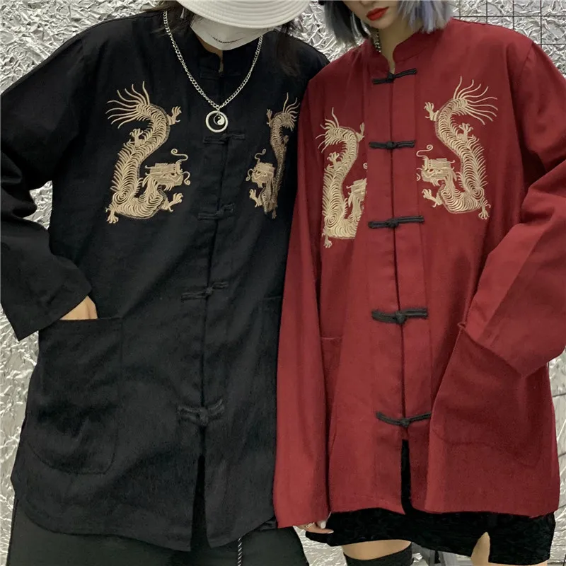 Lychee винтажное Женское пальто Yokosuka Dragon с вышивкой Осеннее карманами и пряжкой
