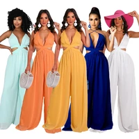 chiffon wide leg sexy summer beach jumpsuit cover ups women overalls backless rompers womens jumpsuit female long pants