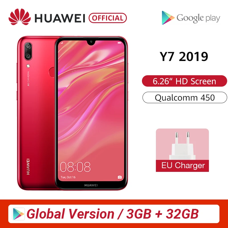 Глобальная версия HUAWEI Y7 смартфон, 3 Гб оперативной памяти, 32 Гб встроенной памяти, 4000 мА/ч, 6,26 дюймов Face ID разблокировать двойная камера AI Snapdragon 450 Android телефон Скидка 600 руб. /. При зак