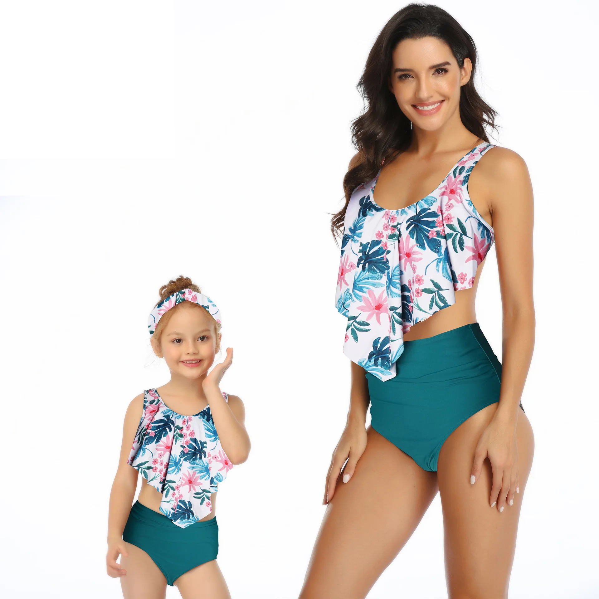

2021 High Waist Two Piece Flounce Bikini Set Parent-child Swimwear Mother Daughter Swimsuit for Girls Family Matching Clothes