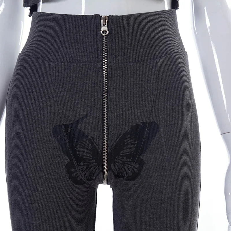 

Sexy Sport Knit Two Piece Set Side Zipper Crop Top and Butterfly Printed Leggings Tracksuit Women Pant Suits