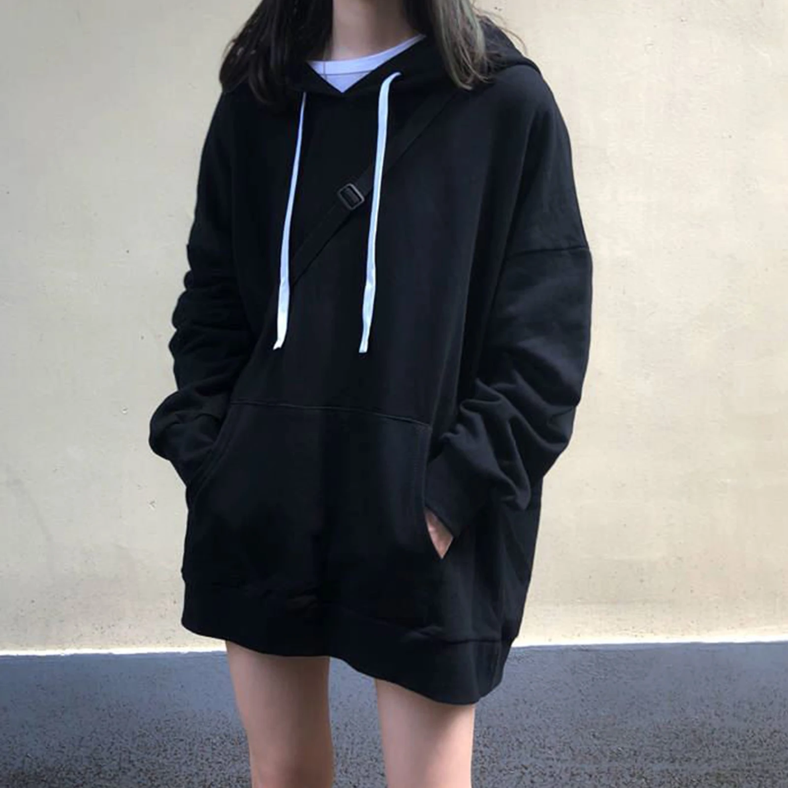 

Pink White Hooded Sweats Long Sleeve Autumn Warm Mid-length Hoodie Women's Clothing Teens Girls Loose Hoodies Women Sweatshirts