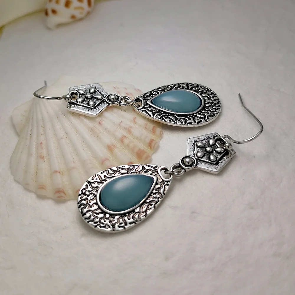 

Creative Carved Blue Moonlight Opal Earrings European and American Silver-Plated Bohemian Vintage Earrings Women's Jewelry