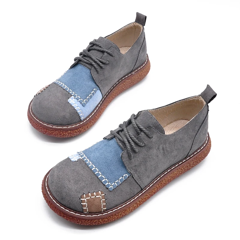 

2020 spring female art suede color matching big toe shoes retro wild doll shoes female handmade round toe low-top shoes