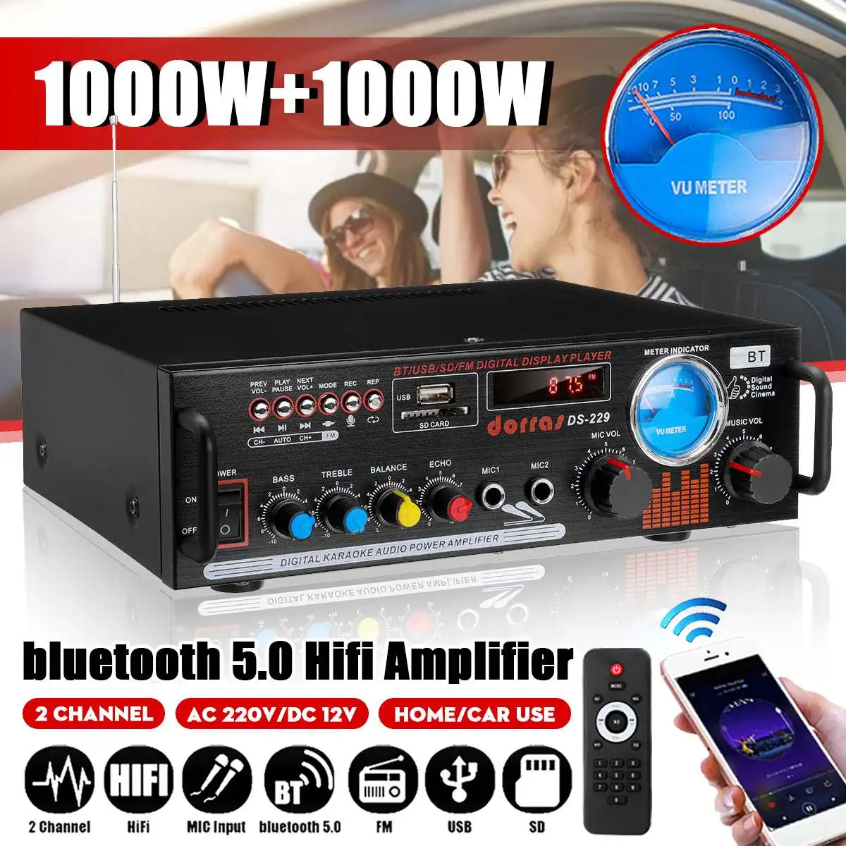 

Стереоусилитель объемный с поддержкой bluetooth, 2000 Вт, 2 канала