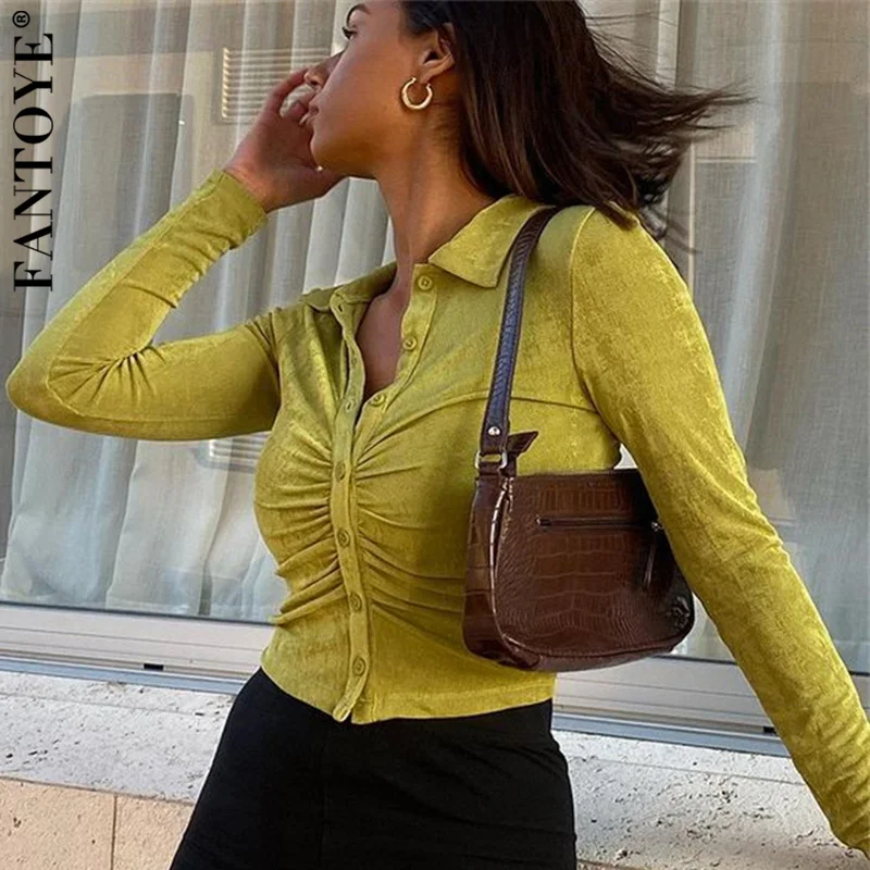

FANTOYE New Long Sleeve Ruched Sexy Tops Women Turn-Down Collar Button Shirt Top Female Elegant Solid Skinny Blouse Streetwear