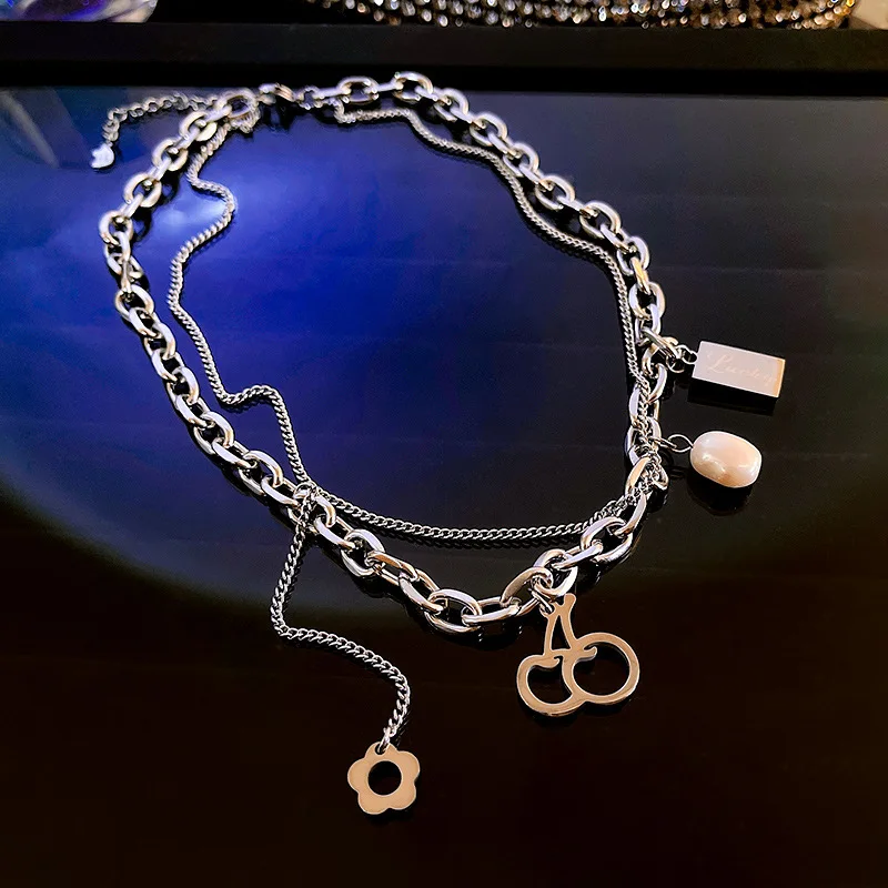 

Titanium steel double layer cherry pearl necklace 2021 new versatile light luxury niche design sense clavicle chain female