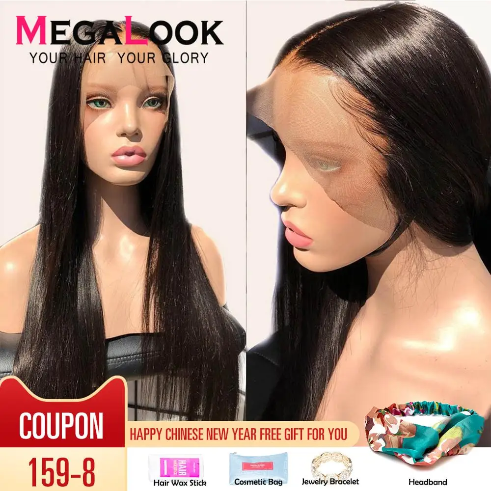 Megalook прямые человеческие волосы на кружеве парики Remy 360 парик al предварительно