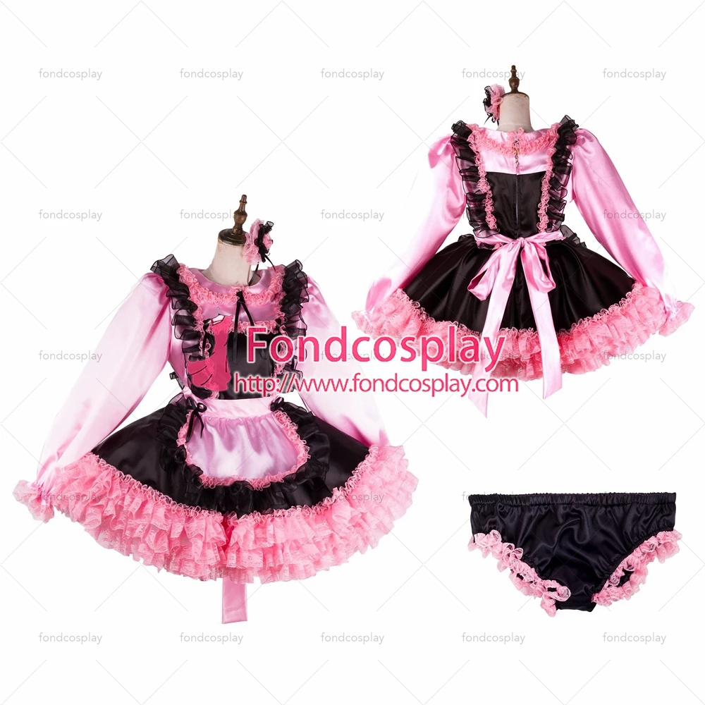 

fondcosplay adult sexy cross dressing sissy maid short black satin dress lockable Uniform pink apron costume Tailor-made[G2121]