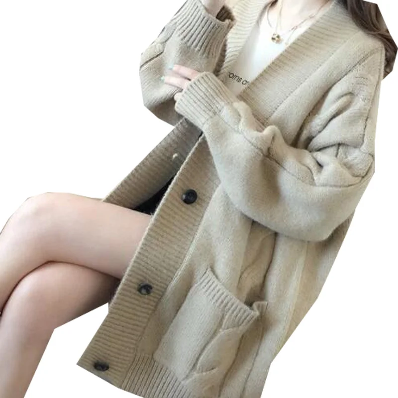 

2021 Autumn Loose Twist Long Knitted Oversize Cardigan For Women V-Neck Loose Casual Sweater Coat Female Long Sleeve Top