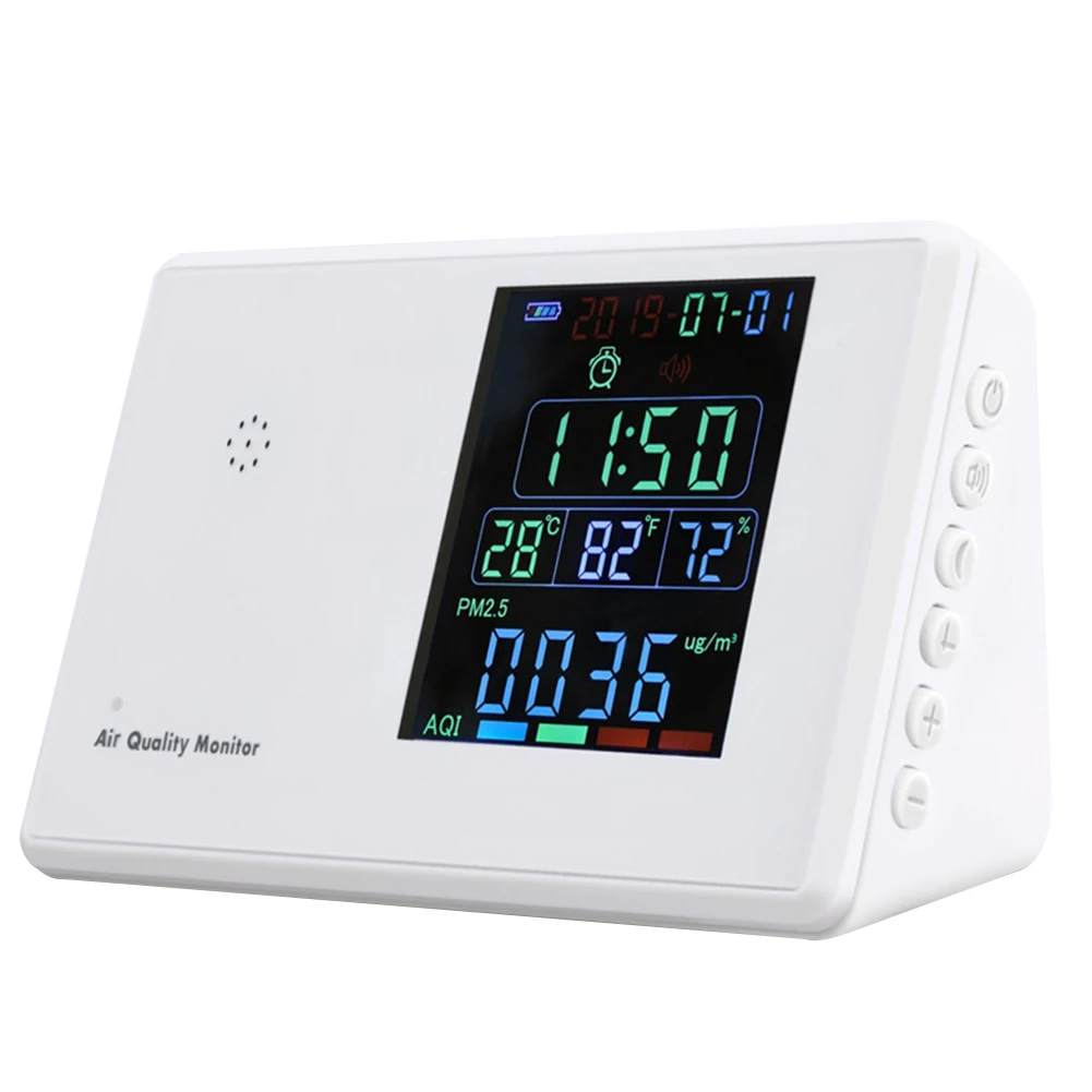 

Humidity For CO2 PM2.5 Formaldehyde Particles Alarm LCD Display Temperature Home USB Port Standing Office Air Quality Monitor