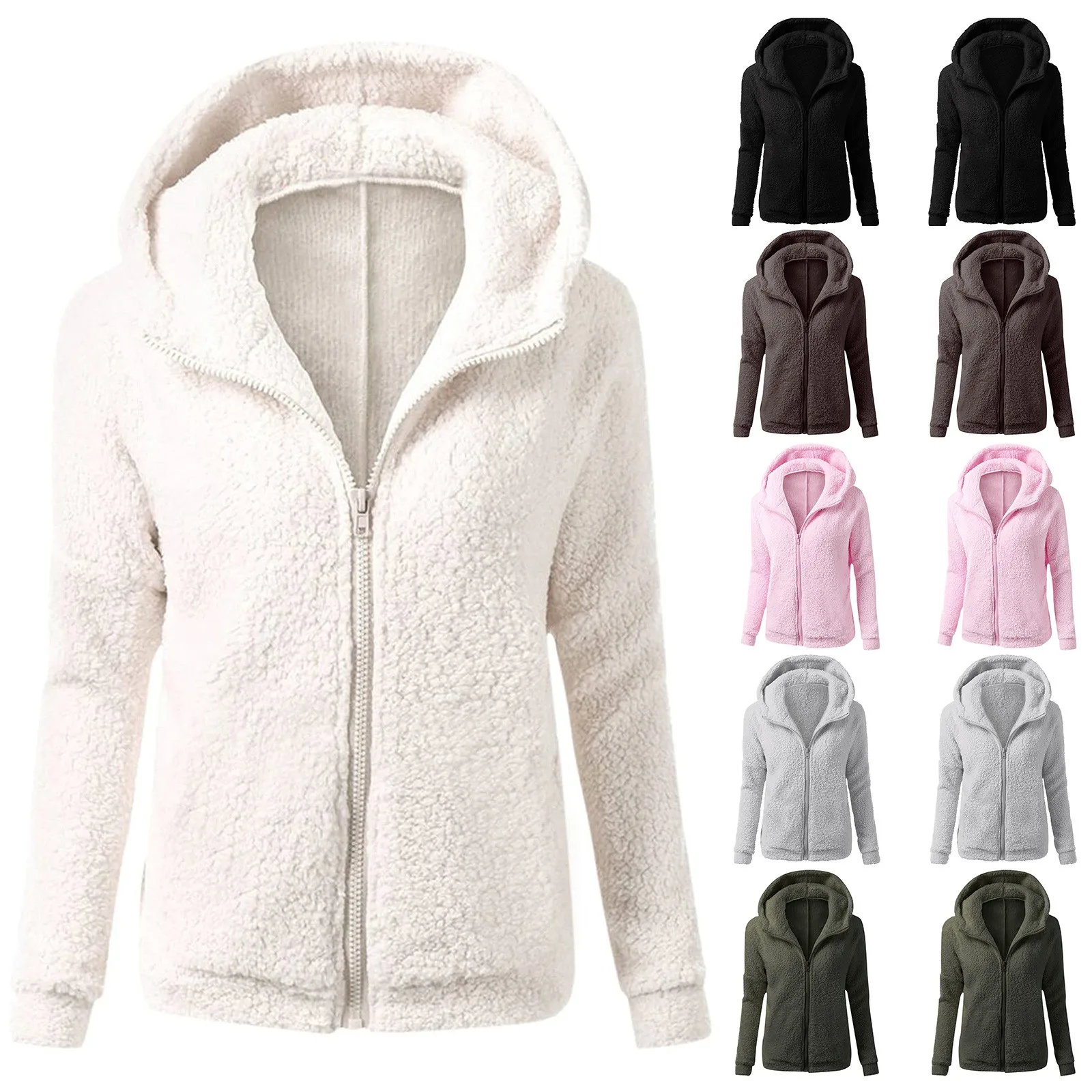 

Autumn And Winter Women's Tops Ladies Fashion Solid Color Casual Wool Zipper Cardigan Jackets Warm Long Sleeve Hoodie Coat