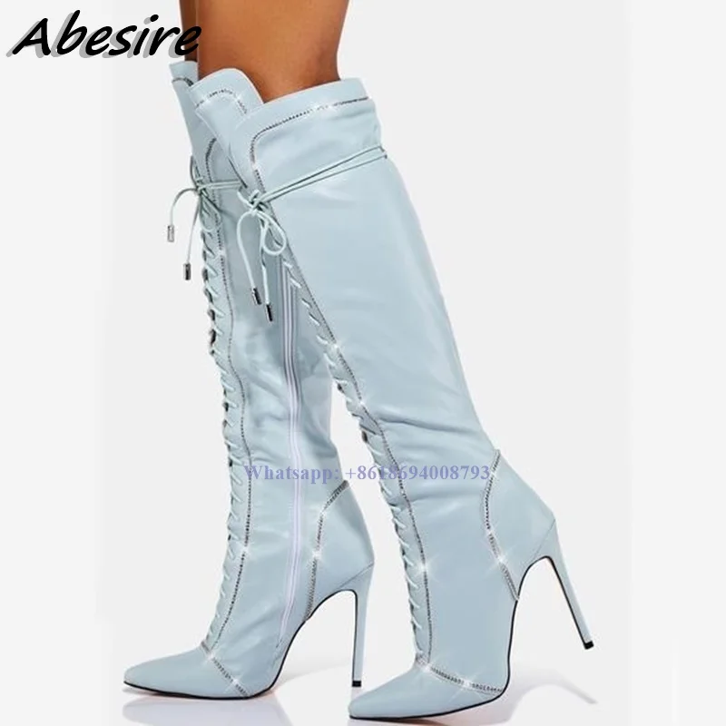 

Женские сапоги до колена, синие сапоги на высоком каблуке-шпильке, с боковой молнией, на шнуровке, с перекрестной шнуровкой, с острым носком