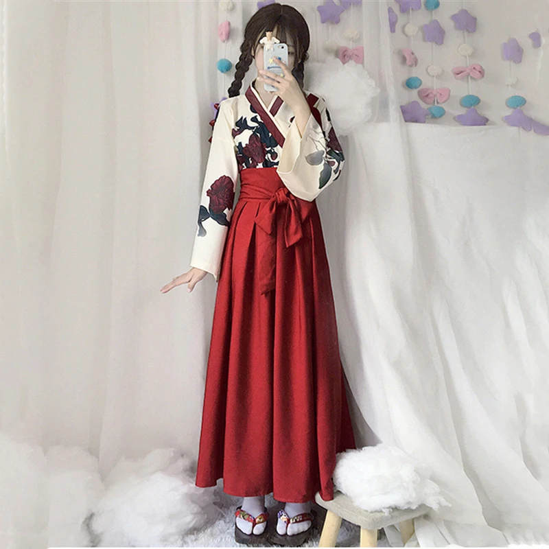 Кимоно в японском стиле для женщин, Taisho Girl Haori, модный топ с цветочным принтом и юбки, наряды, азиатская одежда, Camellia love - Цвет: Red Top Long skirts