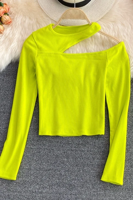 

Women's Autumn Trendy New Base Top Fashion Solid Color Side Off Shoulder Long Sleeve T-shirt Girls Short Top