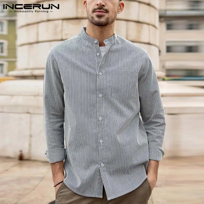 

Новинка 2021, мужская Свободная блузка с длинным рукавом, красивая Мужская модная полосатая рубашка в американском стиле с воротником-стойко...