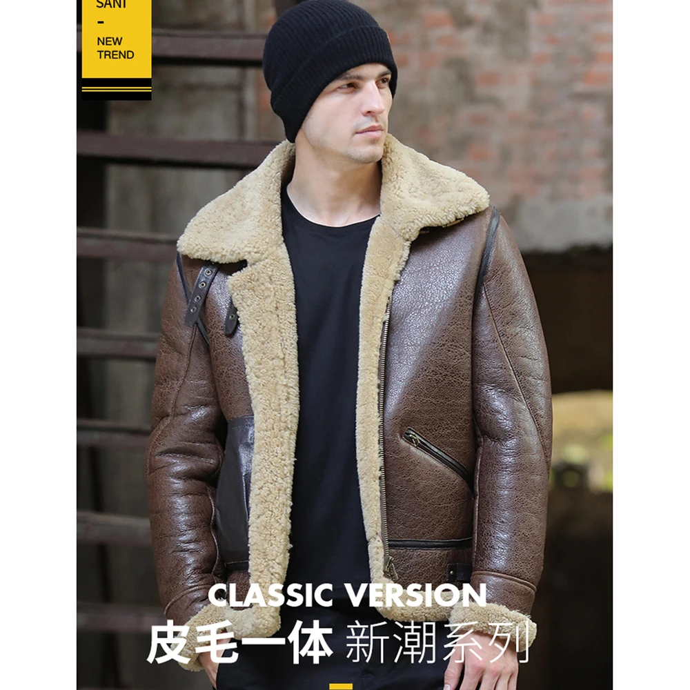 Зимняя Теплая мужская куртка из натуральной овчины модная кожи коричневая