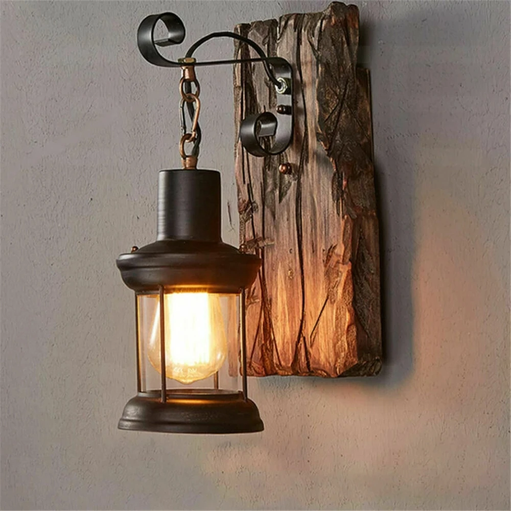 

Outdoor Antique LED Loft Wall Lamp Wood Glass Restaurant Cafe Bar Sconces Vintage Industrial Retro Wall Mounted Lighting Fixture