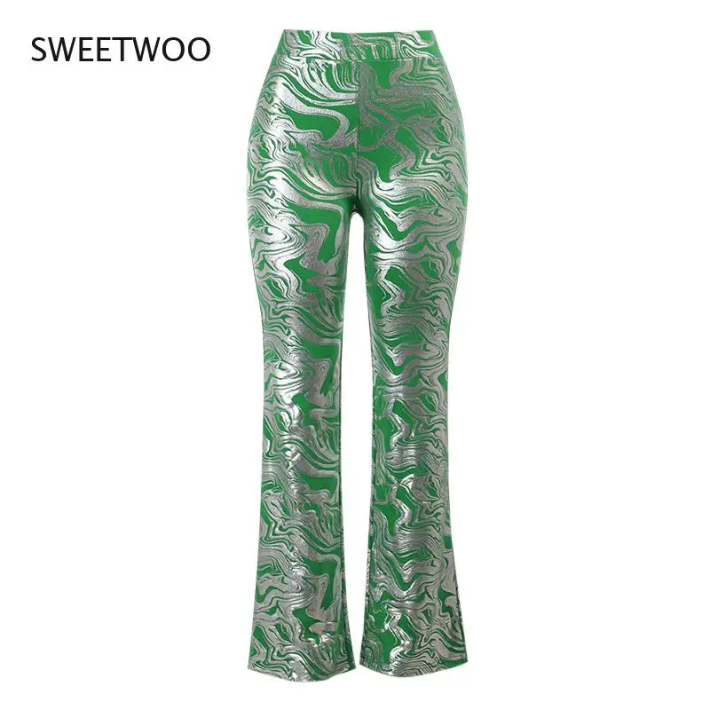 

Metallic Print High Waist Flare Pants Streetwear Trendy Clothes for Women 2000S Aesthetic Casual Trousers