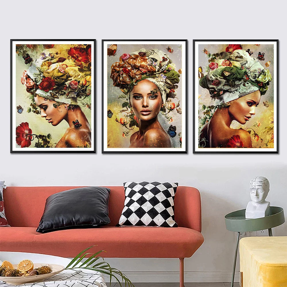 

Flowers and African girl Canvas Painting Portrait Wall Art Poster And Picture For Women Children's Room Home Decor Pictures
