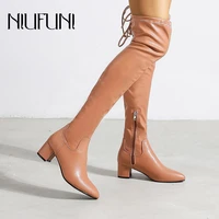 winter bright leather pointed toe womens high boots lace up zipper over the knee boots women shoes solid color simple mid heels