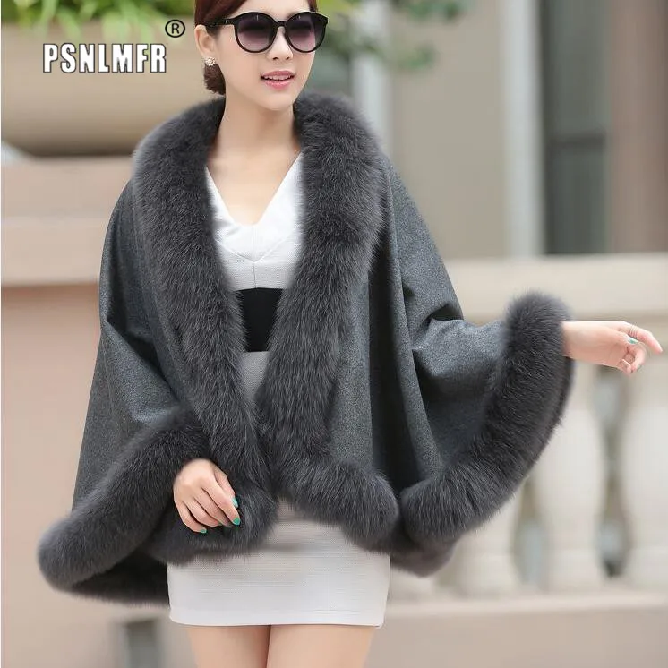 Женское кашемировое пончо с отделкой из натурального Лисьего меха 100% | Женская