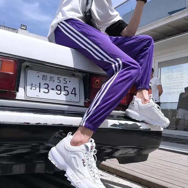 Брюки женские черные в полоску с высокой талией повседневные тренировочные