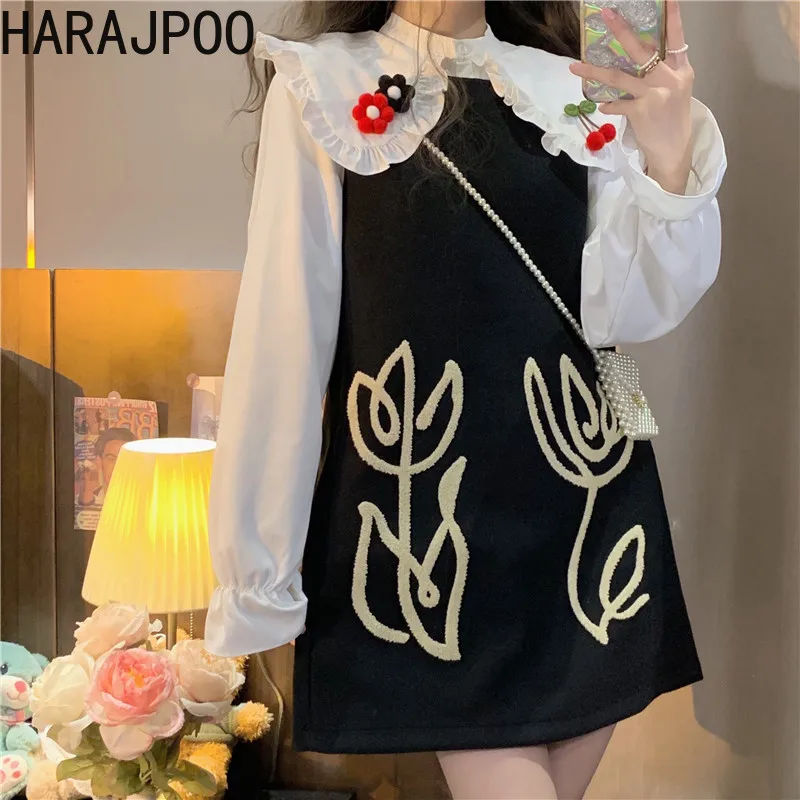 

Harajpoo Clothing Woman Print Woolen Vest 2022 Spring Autumn Harajuku New Vestido Loose Korean Fashion Strap Mini Casual Dress