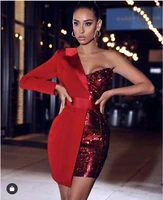 one shoulder long sleeve sequins blazer dress glitter sequin crepe tuxedo girl fashion gown party wear