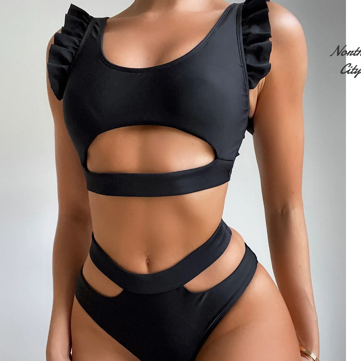 

Cut-out Ruffle Trim Bikini Swimsuit