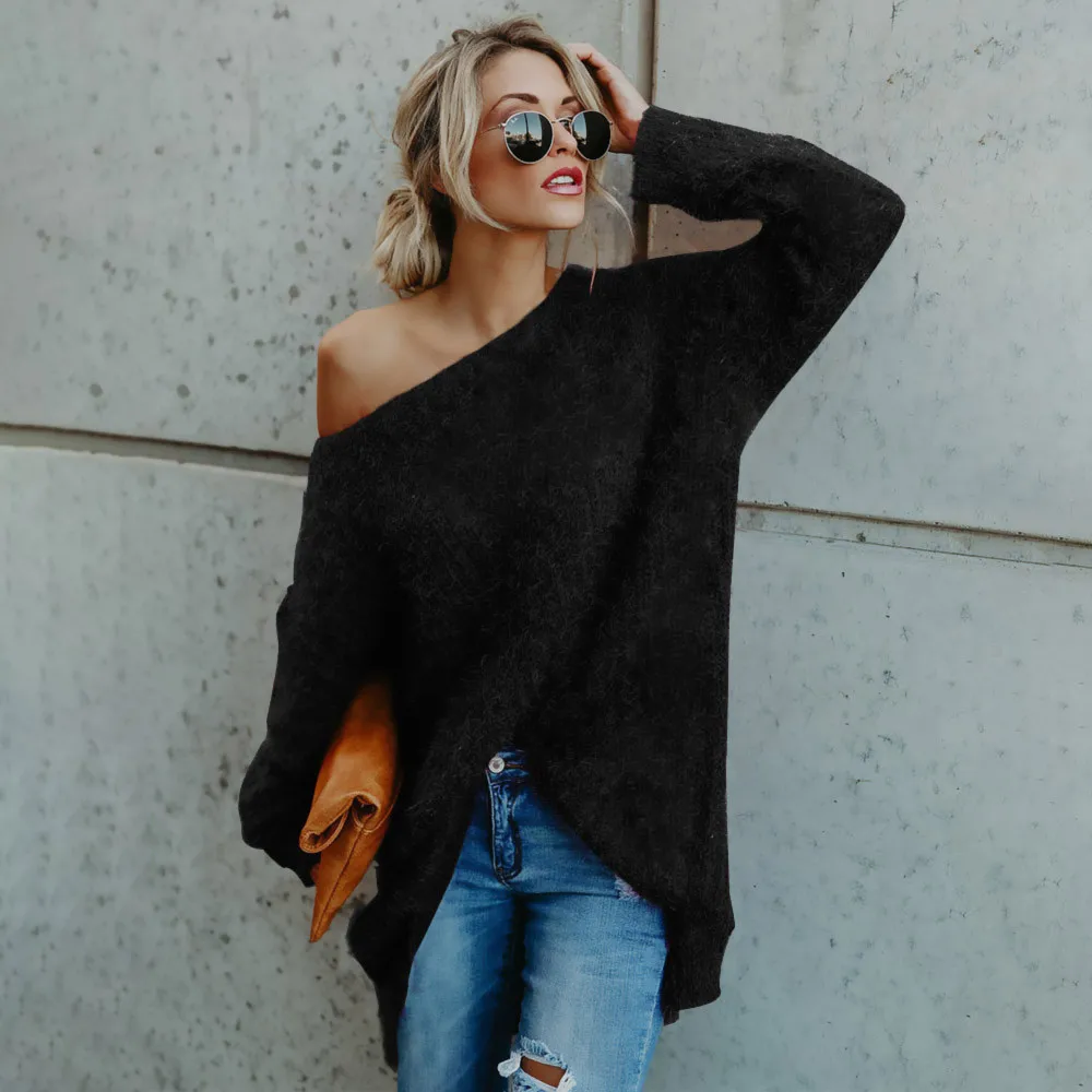 Women Long Sleeve Sexy Off Shoulder Sweater Faux Fur Blouse Top Sweaters 2019 Winter Tops Knitted C3098 | Женская одежда