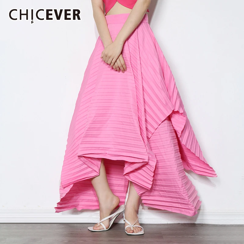 

CHICEVER Loose Ruched Skirt For Women High Waist Casual Irregular Hem Long Skirts Female Fashionable New Clothing Spring New