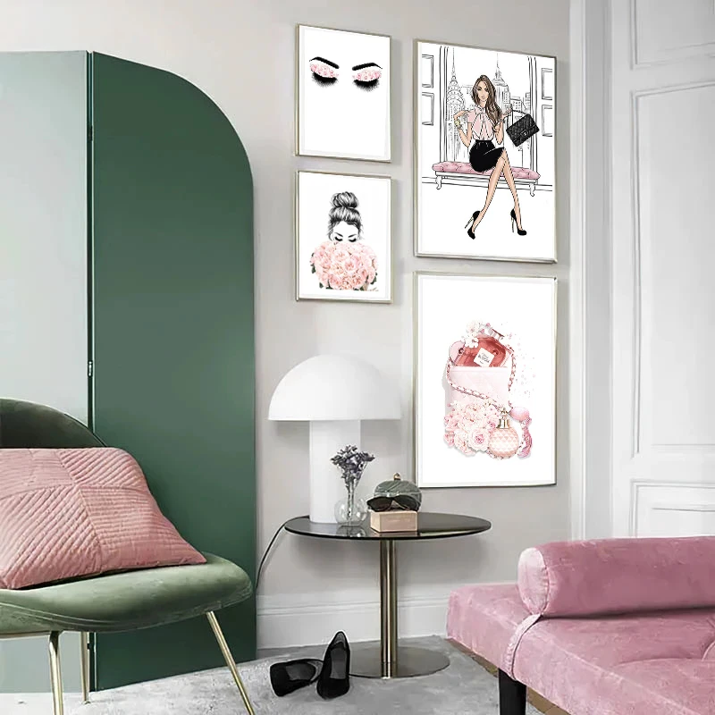 Модная Косметика печать постер розовый цветок девушка ресницы губы парфюм книга