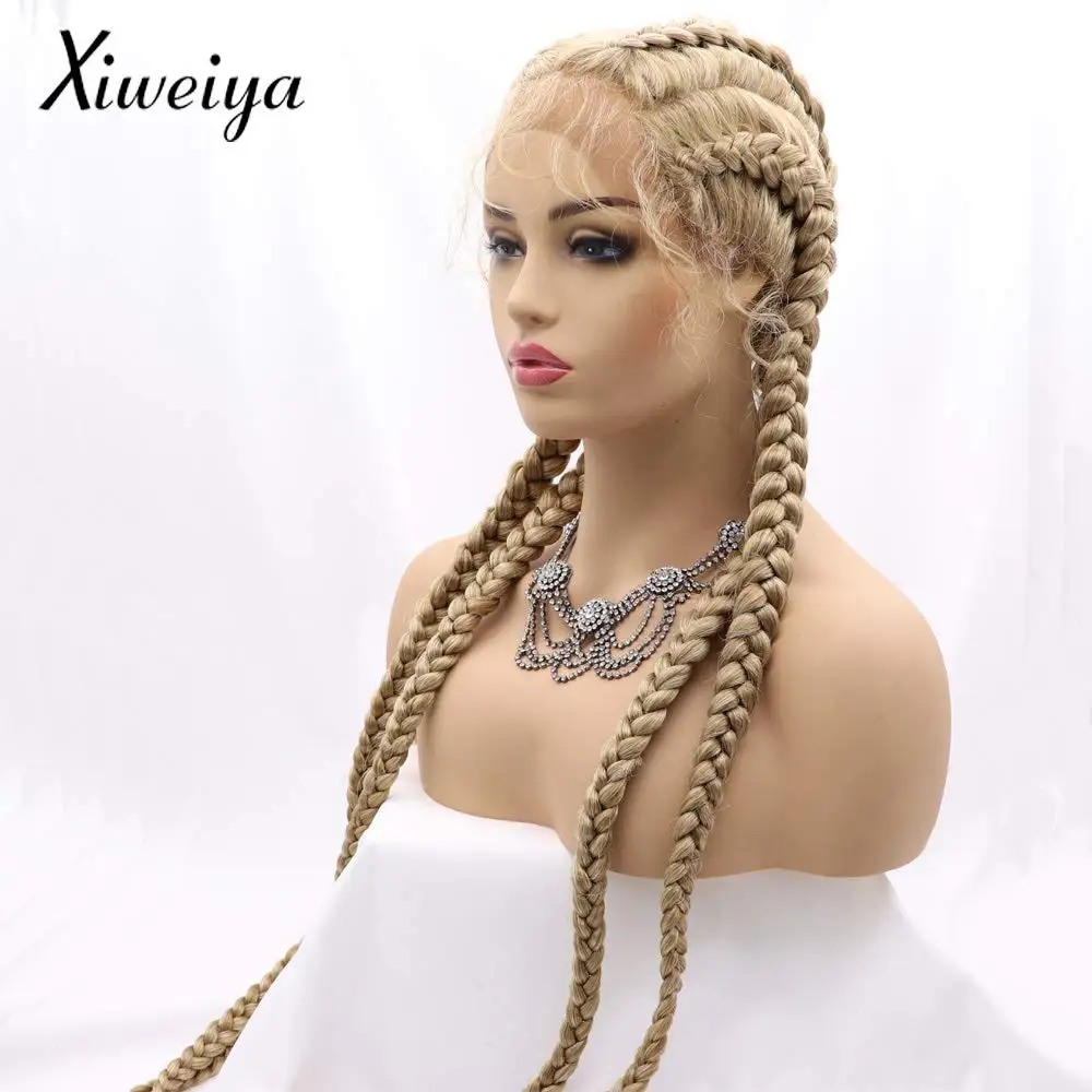 Long Braided Wigs 4 Braids Blonde Colored Glueless Cornrow Big Braiding Briaid Synthetic Lace Front Wig Pre Plucked For Women