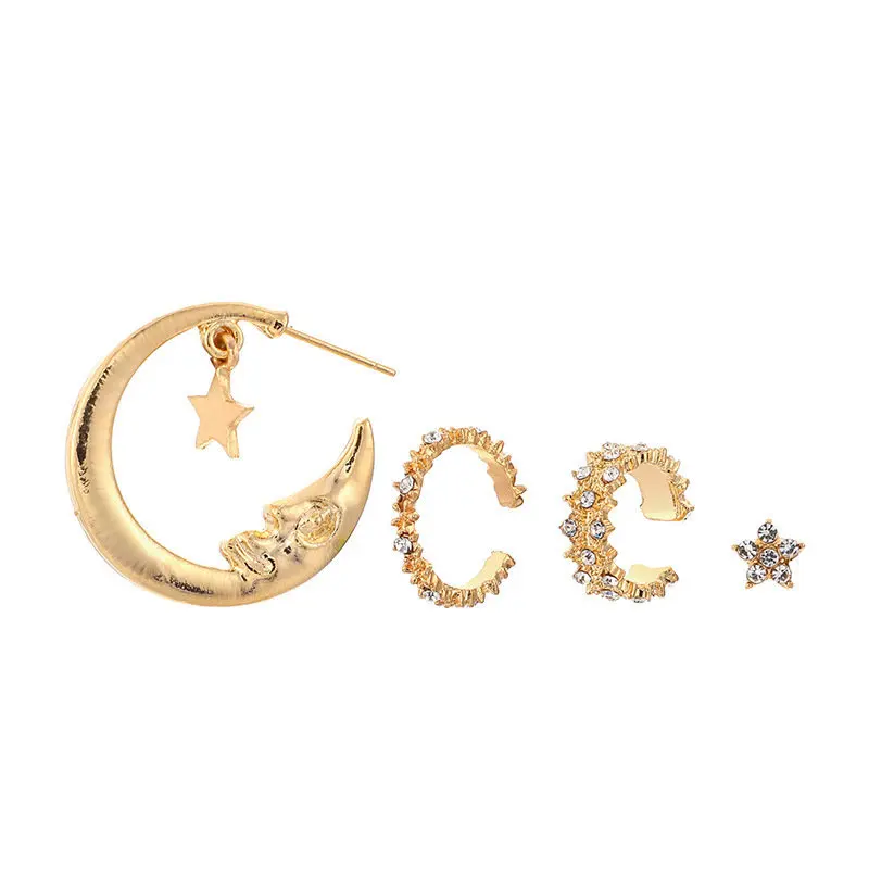 

LIWO Zircon Moon Star Stud Earrings for Women Crystal Earrings 2021 Gold Color Chain Earring Four-piece ear rings for women