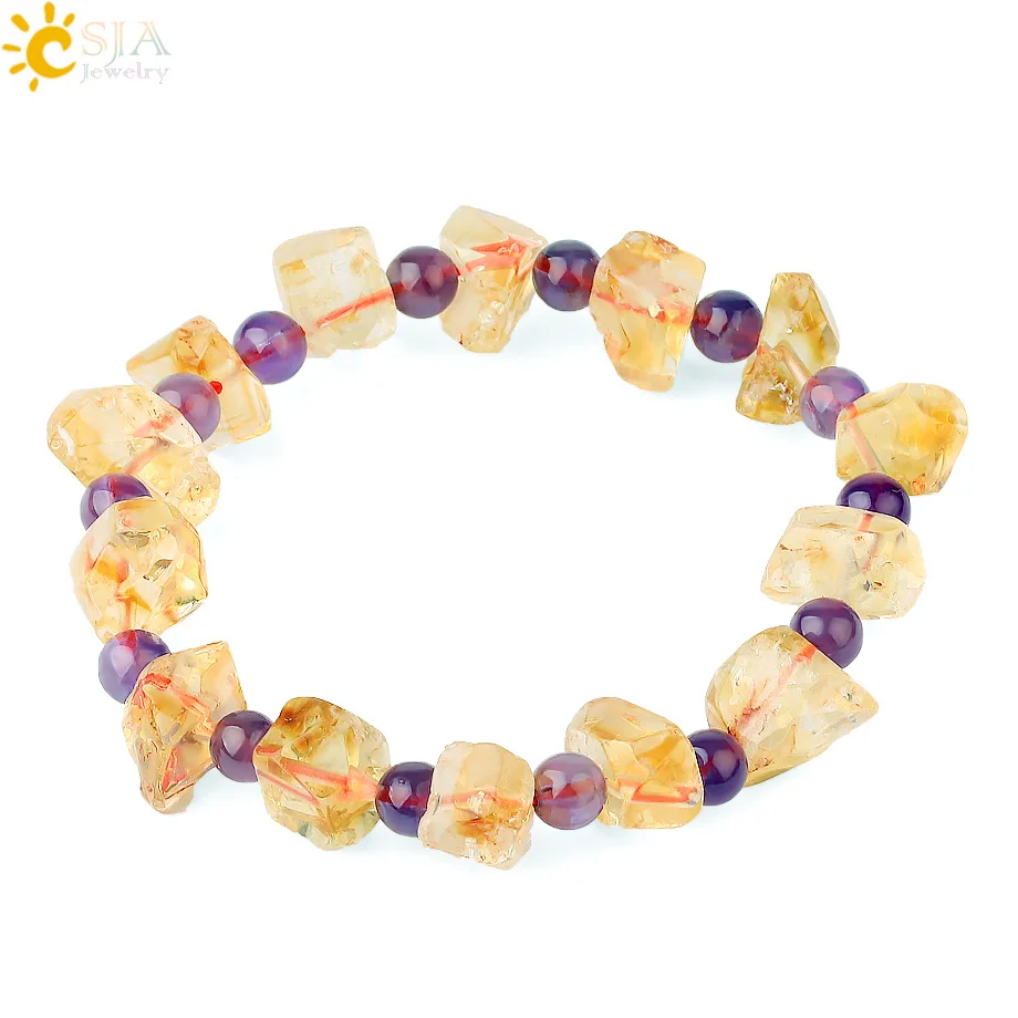 

CSJA Natural Stone Purple Yellow Crystal Bracelets Reiki Irregular Beads Summer Jewelry Strand Charm Bracelet for Female G810