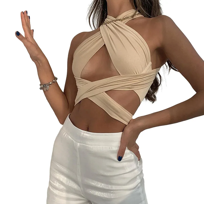 

2021 Summer New Fashion Women's Sexy Halter Cross Hollow Navel Vest