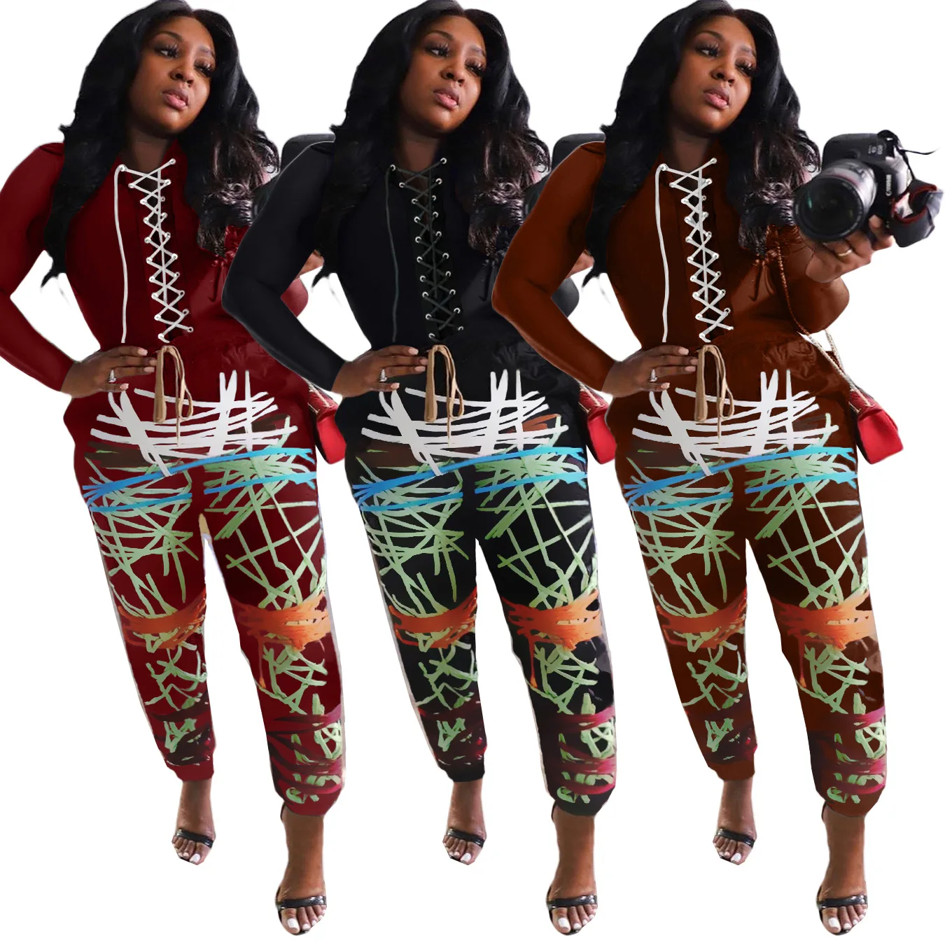 

85LY9277 Autumn Winter Women Casual Sports Two Piece Set Solid Bandage Top and Graffiti Print Pants Tracksuit Sweatsuit Outfits