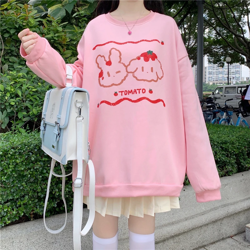 

Японский осенний милый девчачий пуловер в консервативном стиле с круглым вырезом и милым мультяшным принтом JK Kawaii свободный свитер с длинн...