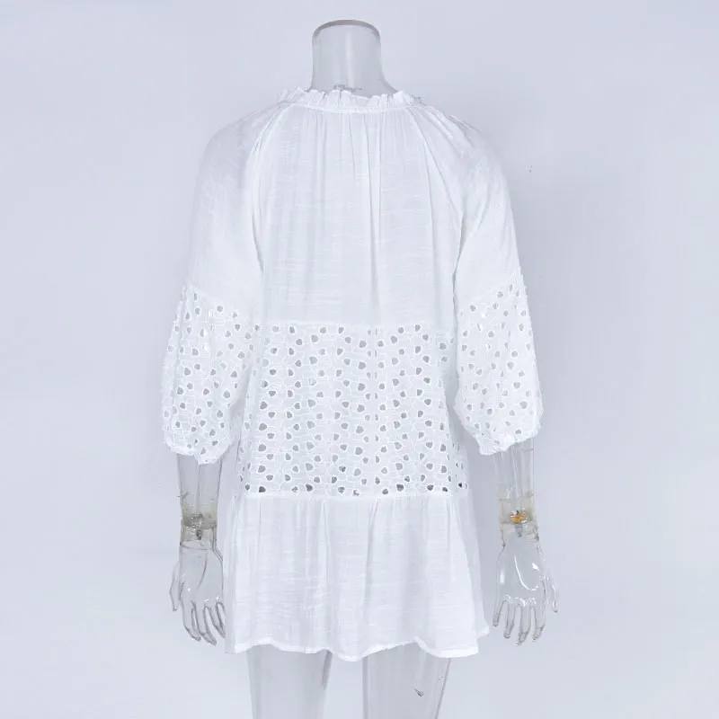 

Summer Chiffon Dress Women 2021 Europe America White Mid-long Sleeve Elegant Beach Loose Lace Dresses Feminina LR1053