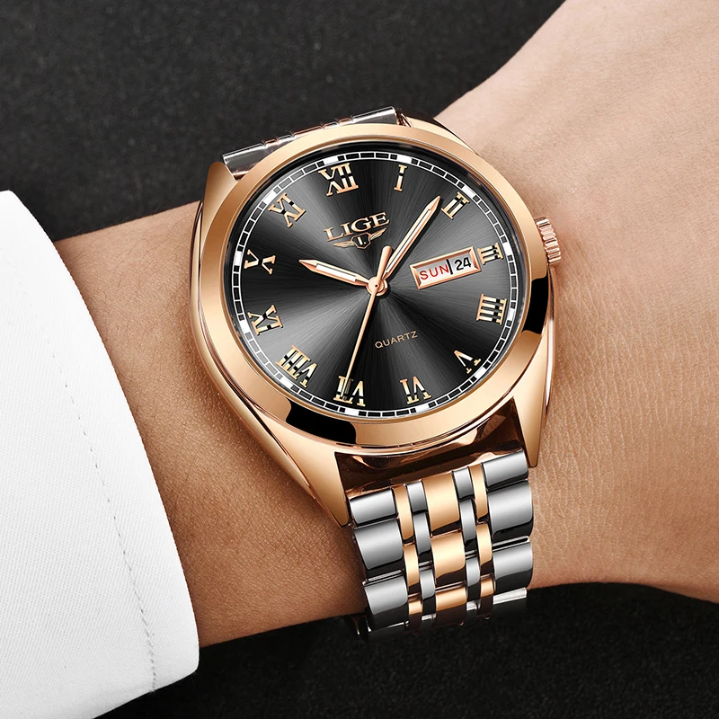 Часы наручные LIGE мужские с хронографом брендовые модные водонепроницаемые